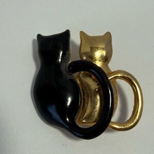 Vintage Black Enamel and Gold Tone Cat Couple Brooch Pin Art Deco Style